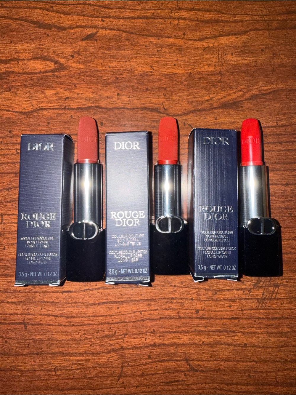 Dior Lipstick Trio — Coral, Orange-Red & True Red Shades